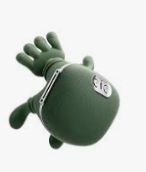 Green plush toy with a face and a small tag on its chest.